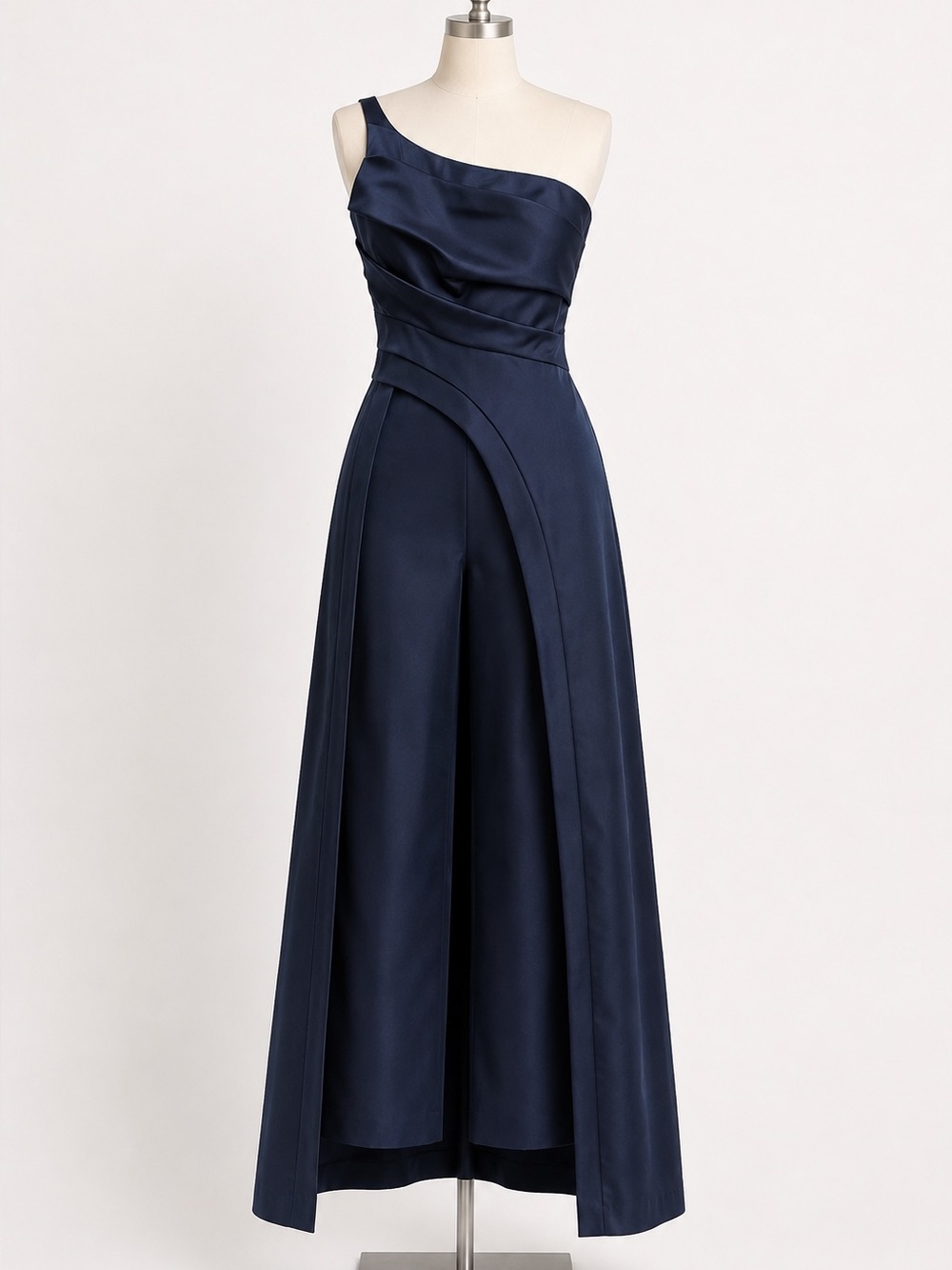 Kay Unger One Shoulder Walk Through Jumpsuit Navy Satin Size 6 NWT Formal
